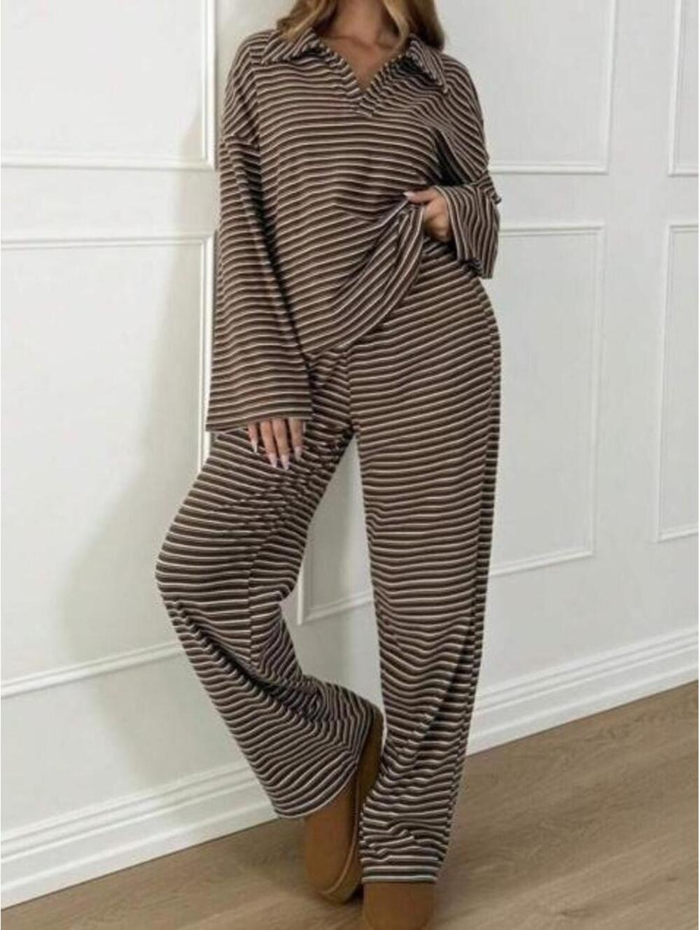 Chocolate Brown Striped Polo Two Piece Matching Set Size S